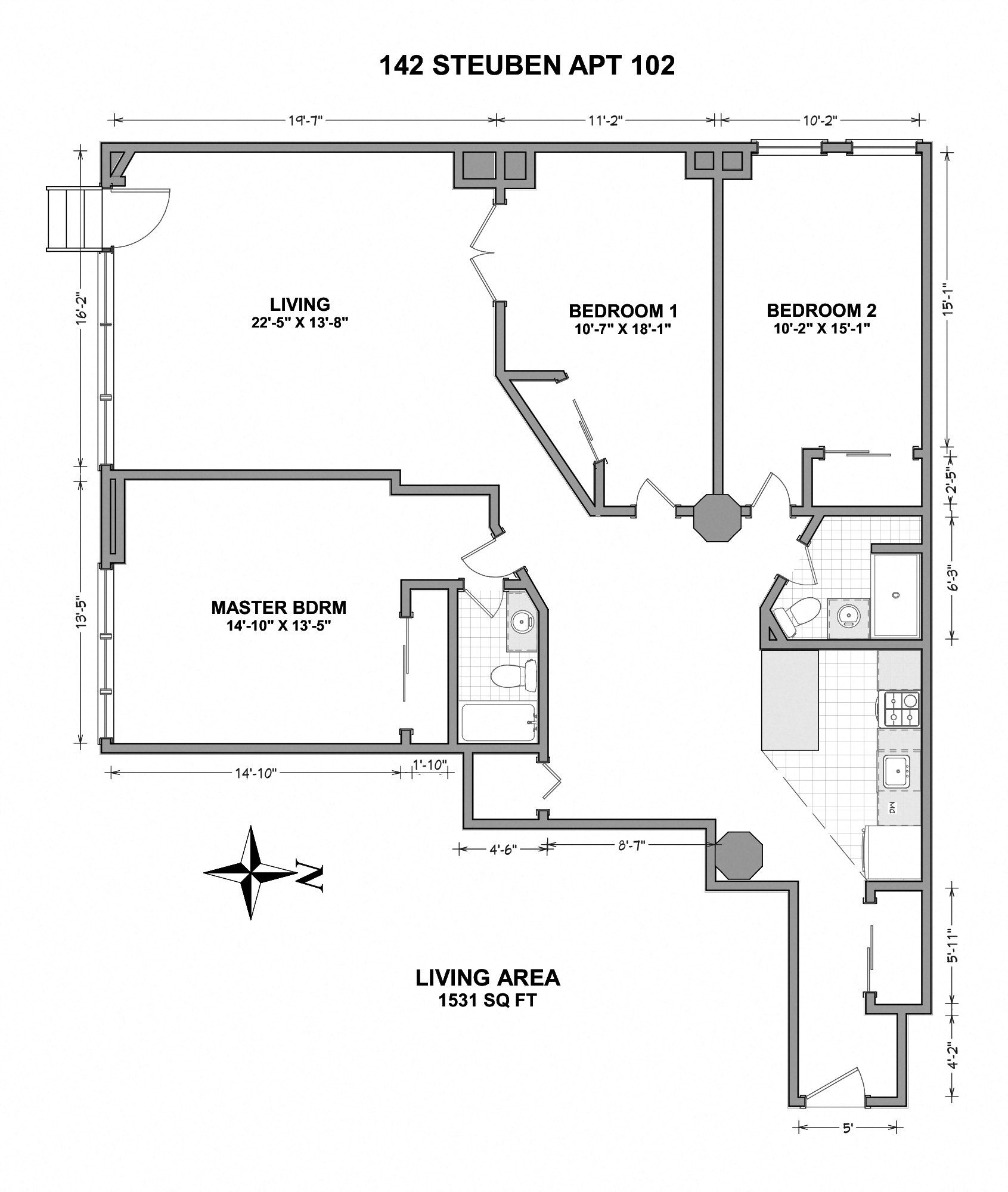 Floor plan for 3 beds, 2 baths, 1300 sqft